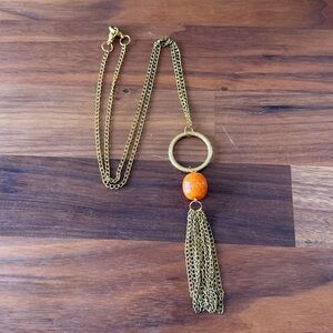 Gold Tone Tassel Orange Honeycomb Gold Faux Calcite Ring Statement Long Necklace